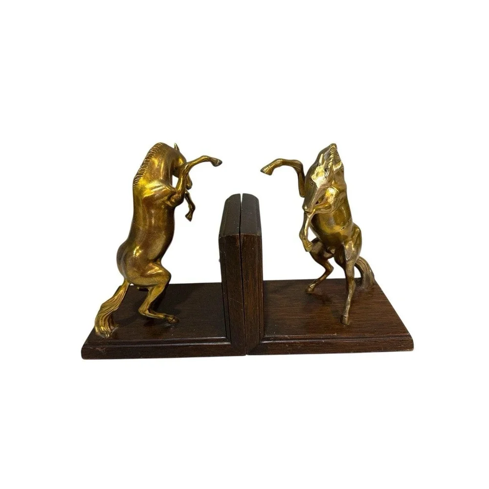 VTG PAIR BRASS REARING HORSE STALLION BOOKENDS‎ FIGURINE SCULPTURE